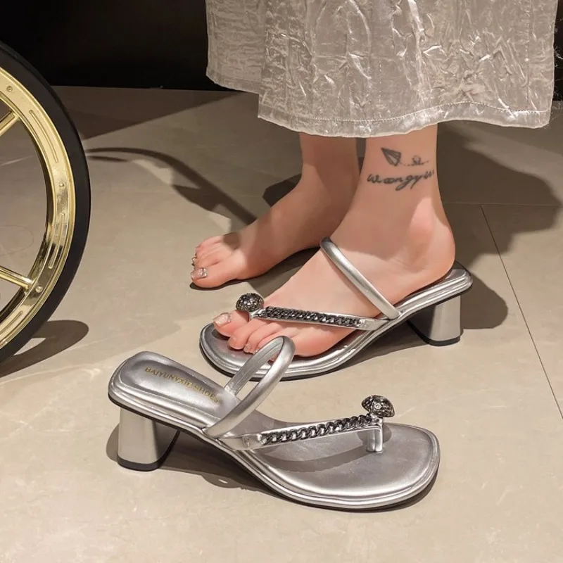 

Women's Slippers Summer New Medium Heel Square Head Set Toe Chain Sandals Casual Comfort Increase Non-slip Slippers