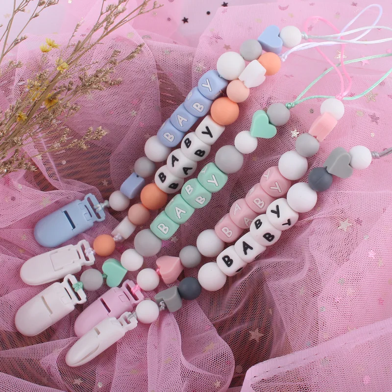 Ins Baby Pacifier Clips Personalized Name Silicone Heart Candy Letter Dummy Nipples Holder Clip Chain Teething Toys Accessories