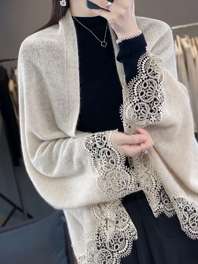 

Women Merino Wool Thin Cardigan Soft Cashmere Knitwear Lace Cape Grace Soft Shawl Scarf Spring Autumn Tops Clothing XQ405