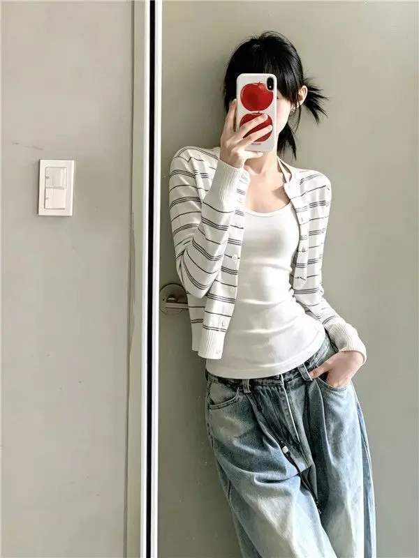 HOUZHOU Women Striped Knit Cardigan Round Neck Long Sleeve Button Slim Fit Knitwear Female Casual Cropped Sweater Outerwear Tops