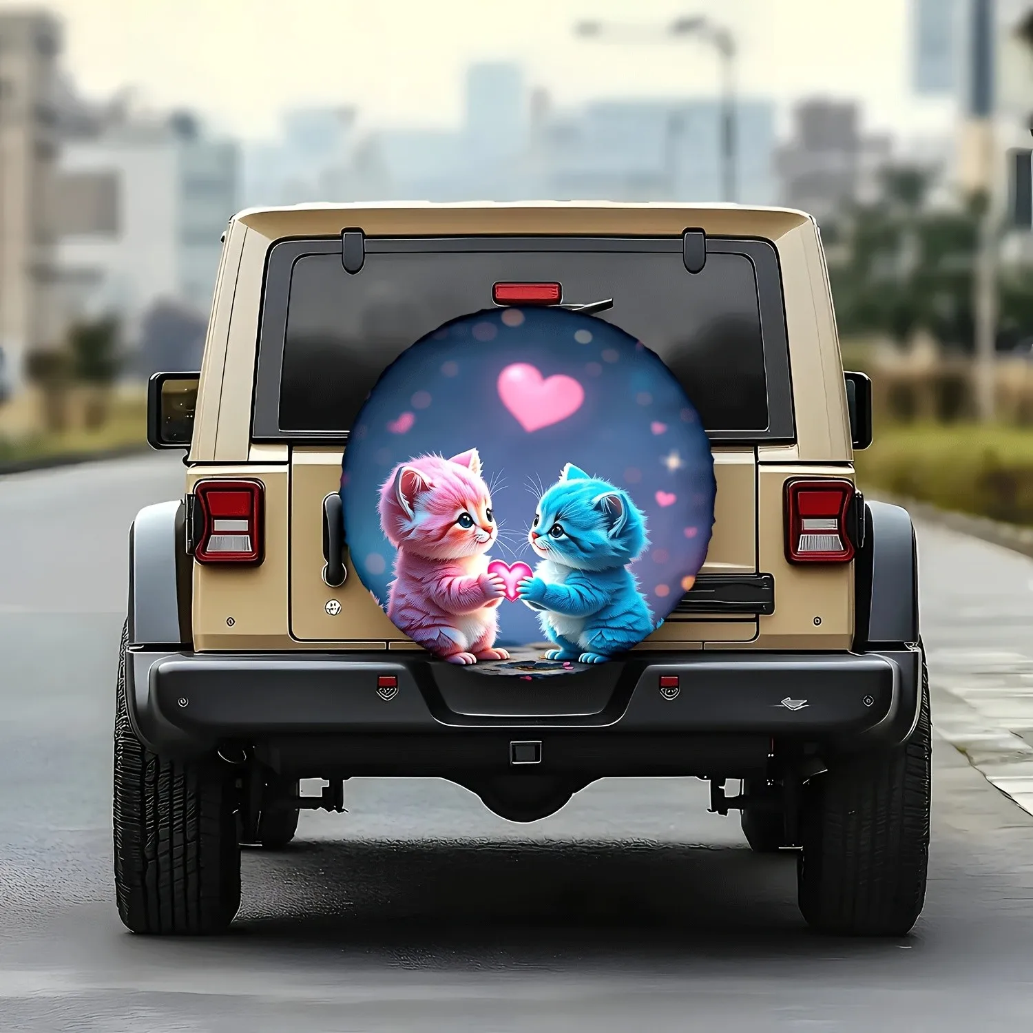 Romantic Pink Blue Kittens Holding Heart Spare Tire Cover Durable Polyester Protector for SUV