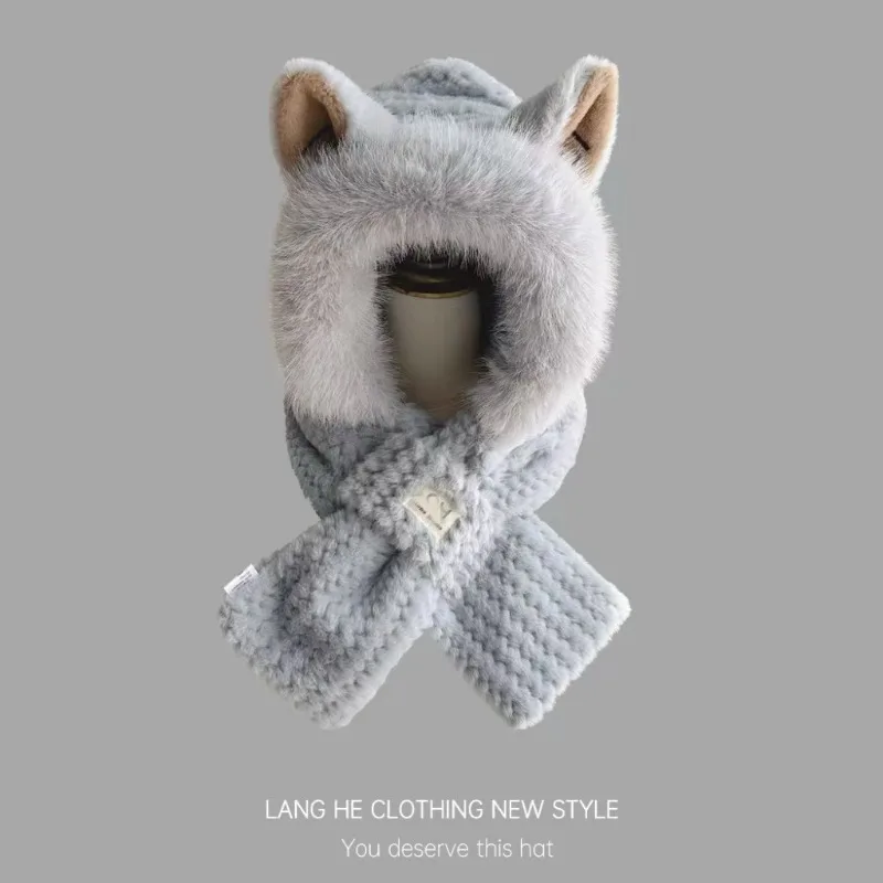 Winter All-match Cute Plush Hat To Keep Warm in Winter Thickened Anti-freeze and Windproof Hooded Scarf Scarf All in One