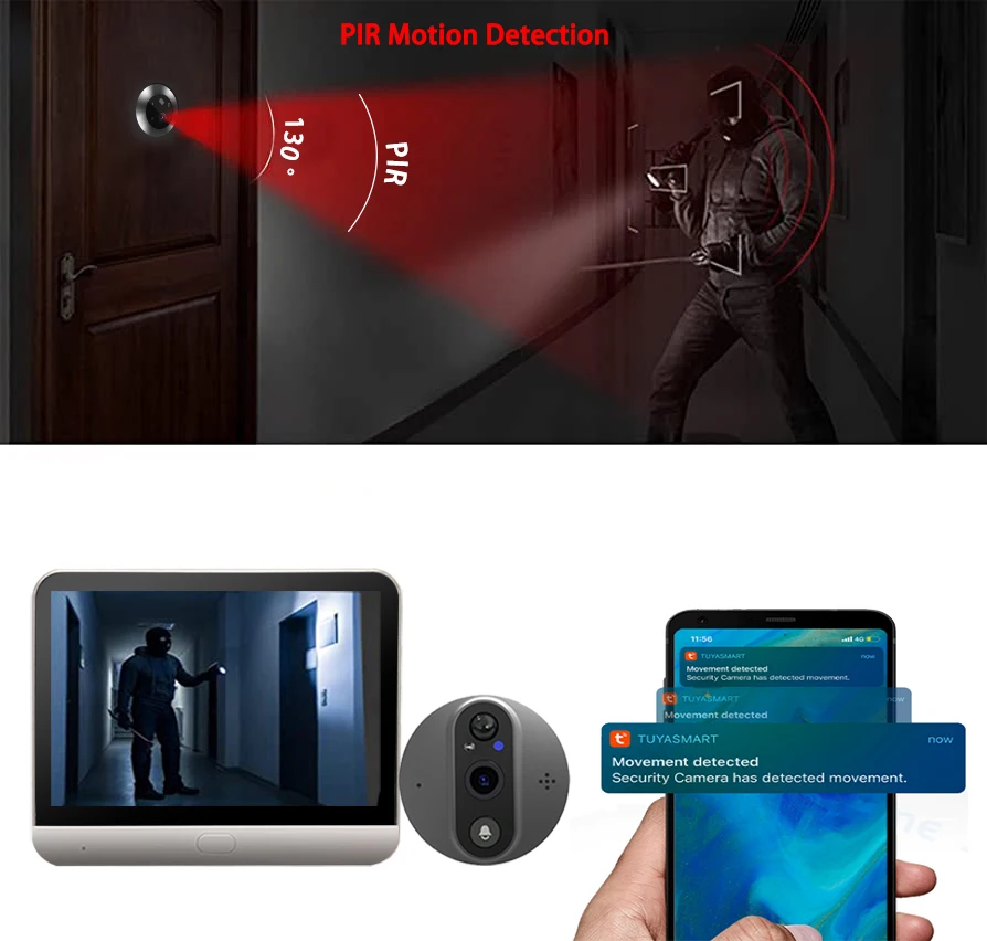 Tuya Smart Home Peephole Campainha, Câmera de Porta, Áudio Bidirecional, Visão Noturna, Movimento Pir, Monitor Exterior, 1080p, Wi-Fi, 4,3"