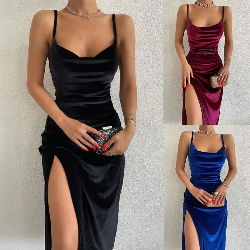 Vestidos de festa clube elegante noite robe sexy fenda feminina verão veludo midi bodycon vestido sem mangas fora do ombro sem costas