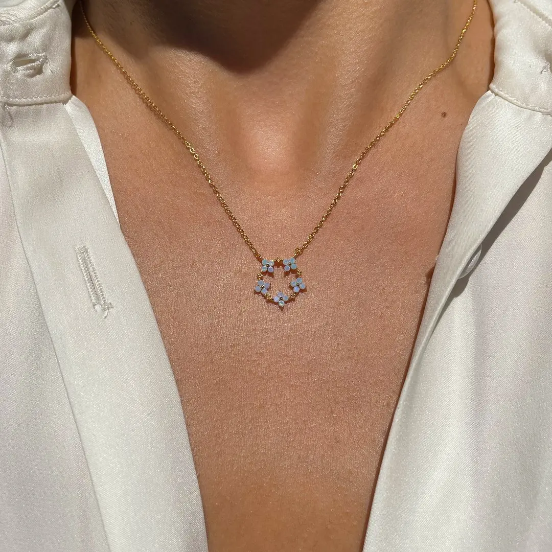 Thin Chain Small Flower Necklace For Women Fashion Green Zircon Blue Flowers Pendant Charm Short Choker Clavicle Chain Jewelry