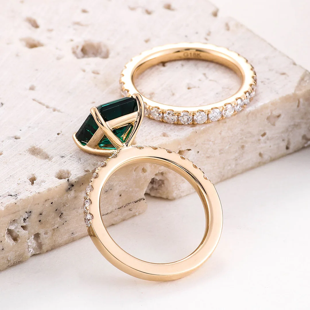 Provence Wedding Rings set Solid Gold Green Emerald Cut Lab Gemstone DEF/VS Lab Diamonds full band Stack Band for Women Custom