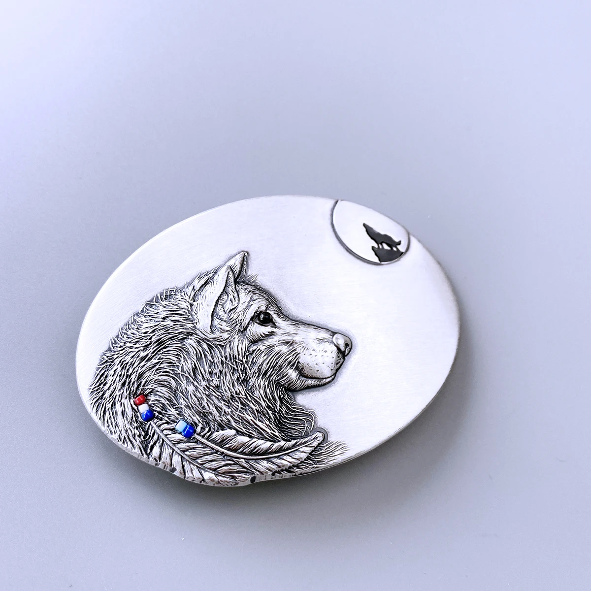 Vintage Silver Plated Western Cowboy Cowgirl Wild West Moon Wolf Oval Belt Buckle
