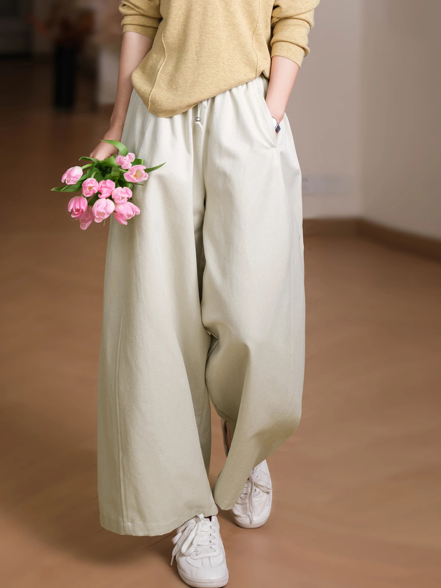 Slimming Wide Leg Pants Casual Style Elastic Waist Pearl Drawstring Hemp Lyocell Big Foot Cotton Women's Fashion Spring Colle...