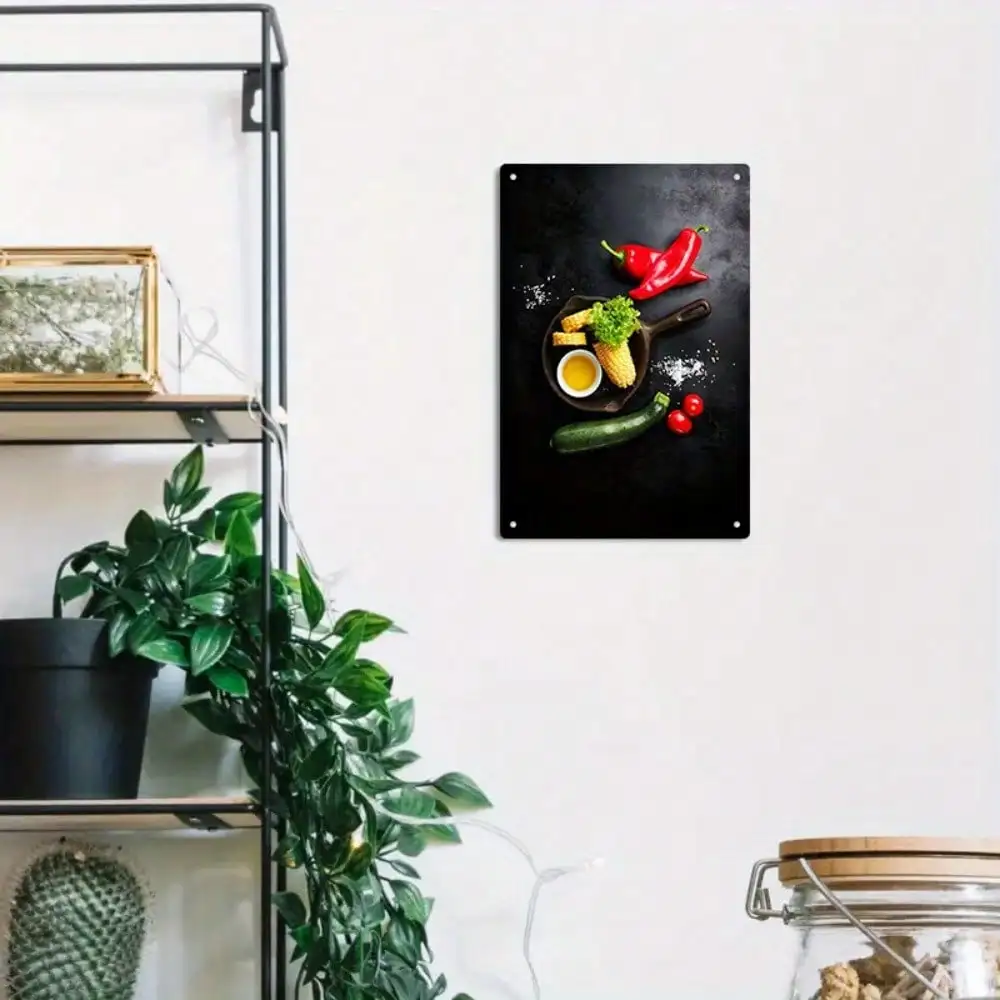 Cartel de chapa de verduras frescas, chile rojo/maíz/zucchini/tomates cerezas para decoración de cocina/comedor, 8x12 pulgadas/20x30cm, 1 ud.