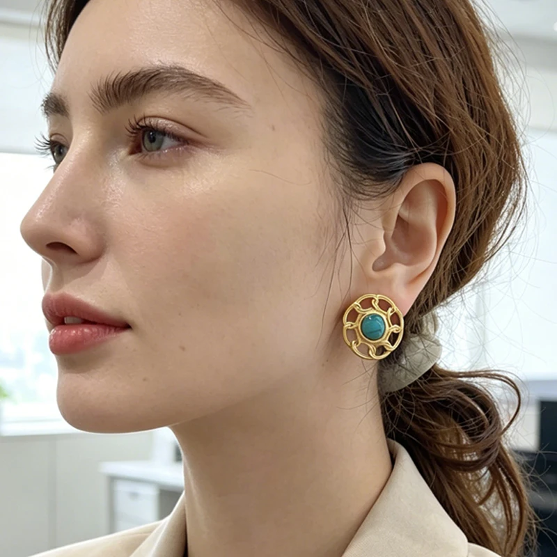 Stainless Steel Natural Turquoise Ear Clips 18K Gold Plated Female Non Tarnish Waterproof Non Pierced Clip on Earrings Jewelry