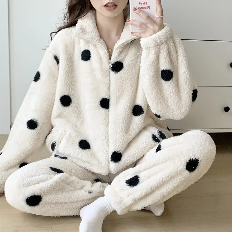 Furry Flannel Turtleneck Zipper Sleepwear Winter Women 2PCS Pajamas Set Loungewear Trouser Suit Print Dot Coral Fleece Homewear