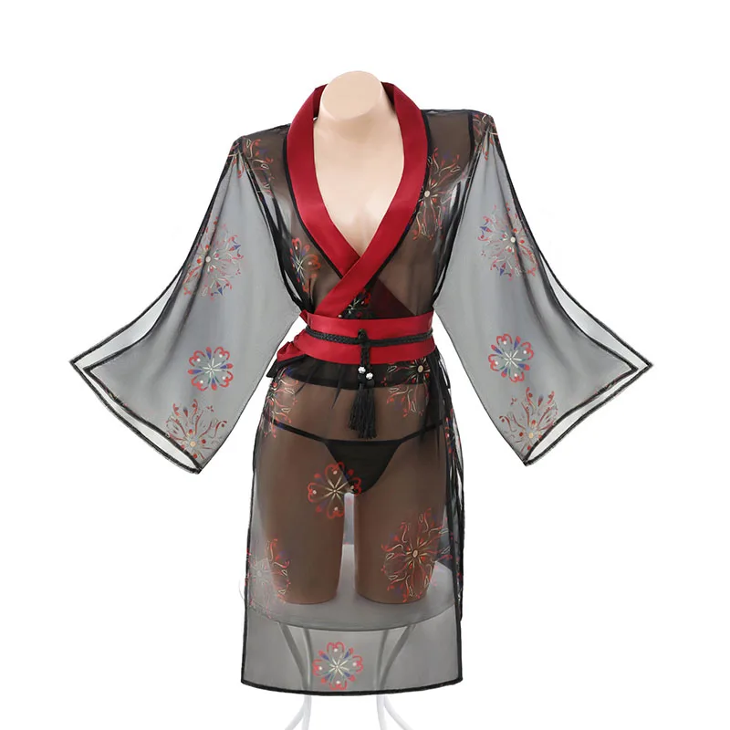 

Japanese Kimono Style Sexy Pajamas Lingerie Seducive Temptation Night Wear Private Performance Antique Style Black Print Dress