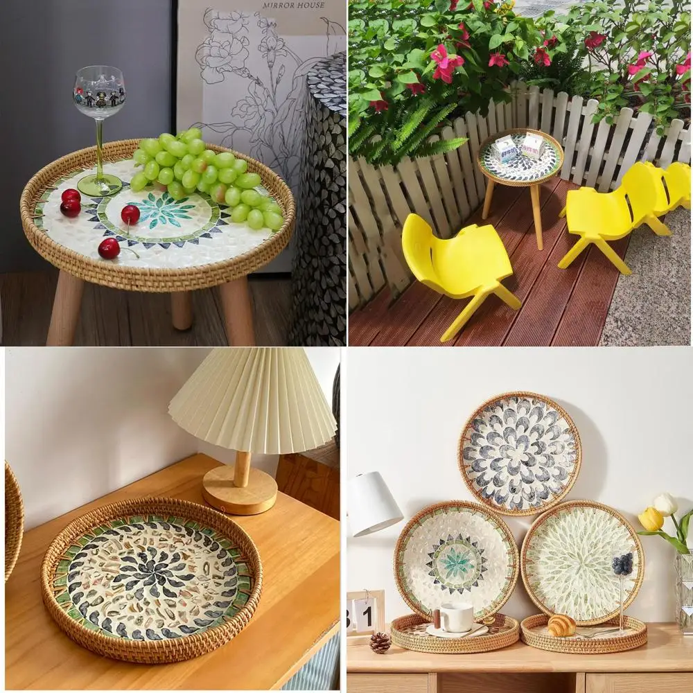 

Round Rattan Coffee Table with Mother of Pearl Inlay, Handcrafted 3-Legged Tray, Versatile Living & Bedroom Side Table, Outdoor