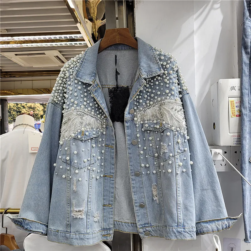 Heavy Work Pearl Diamonds Denim Jacket Women Loose Short Cowboy Outerwear Vintage Blue Holes Big Pocket Jeans Jacket Coat Female