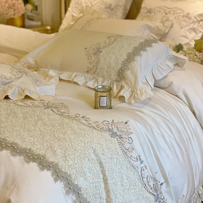 European-Style Luxury High-End 100 Cotton Four-Piece Set Exquisite Lace Embroidery Cotton Quilt Cover Bed Sheet Bedding