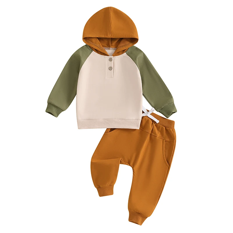 

Toddler Boys Fall Outfits Contrast Color Long Sleeve Buttons Hoodies Hooded Sweatshirts and Long Pants 2Pcs Clothes Set