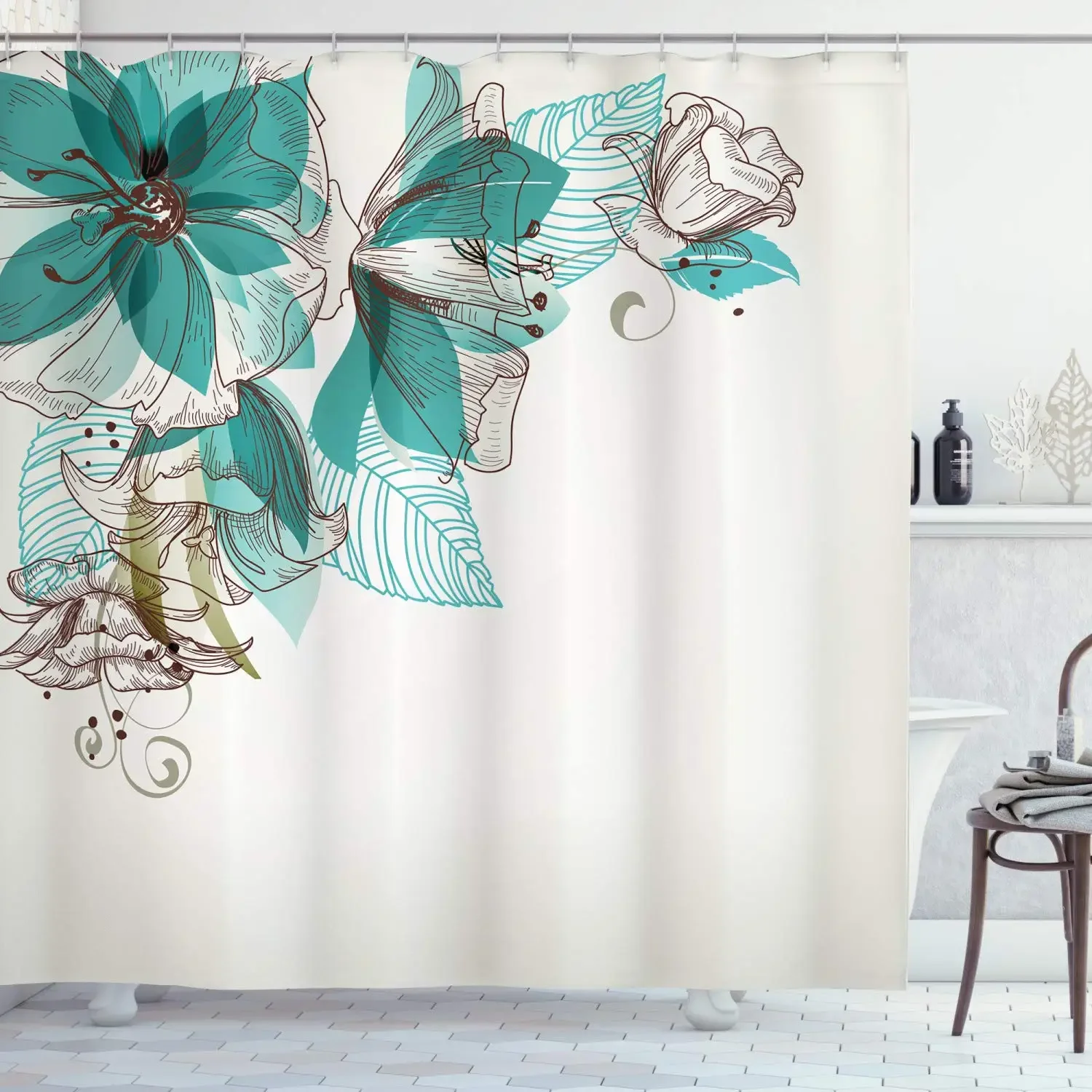 Turquoise Shower Curtain Flowers Buds Leaf At The Top Left Corner Season Celebrating Theme Cloth Fabric Bathroom Decor with Hook