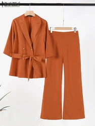 ZANZEA Tied Waist Women 2-Piece Sets Elegant Classy Autumn 3/4 SleeveBlazer Blazer Suits Office Wear Wide Leg Trouser Pant Sets