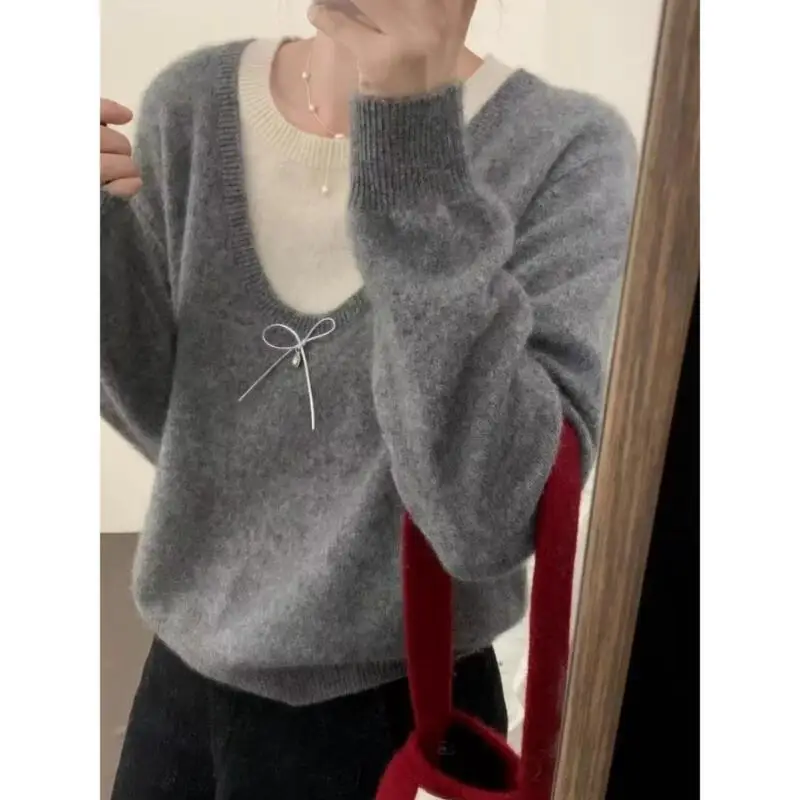 เสื้อกันหนาวฤดูใบไม้ร่วงและฤดูหนาว เสื้อกันหนาวสไตล์เกาหลี สีตัดกัน ฤดูใบไม้ร่วงและฤดูหนาว ทรงสั้น รุ่นหวาน เสื้อกันหนาวหวาน รุ่นใหม่