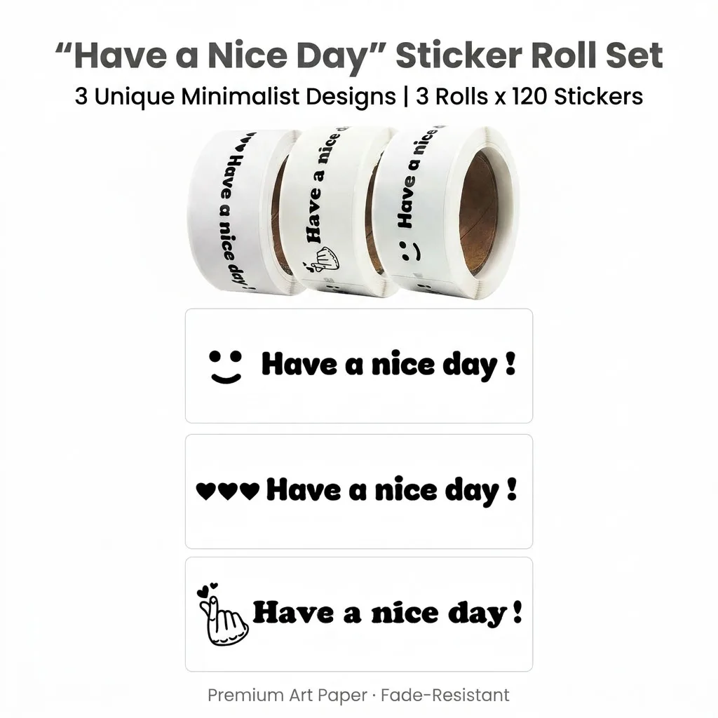 120Pcs/Roll Have a Nice Day Hand Heart Stickers 1*3inch 3 Designs Diy Office index label Adorn Gifts, Notebook, Package Seal