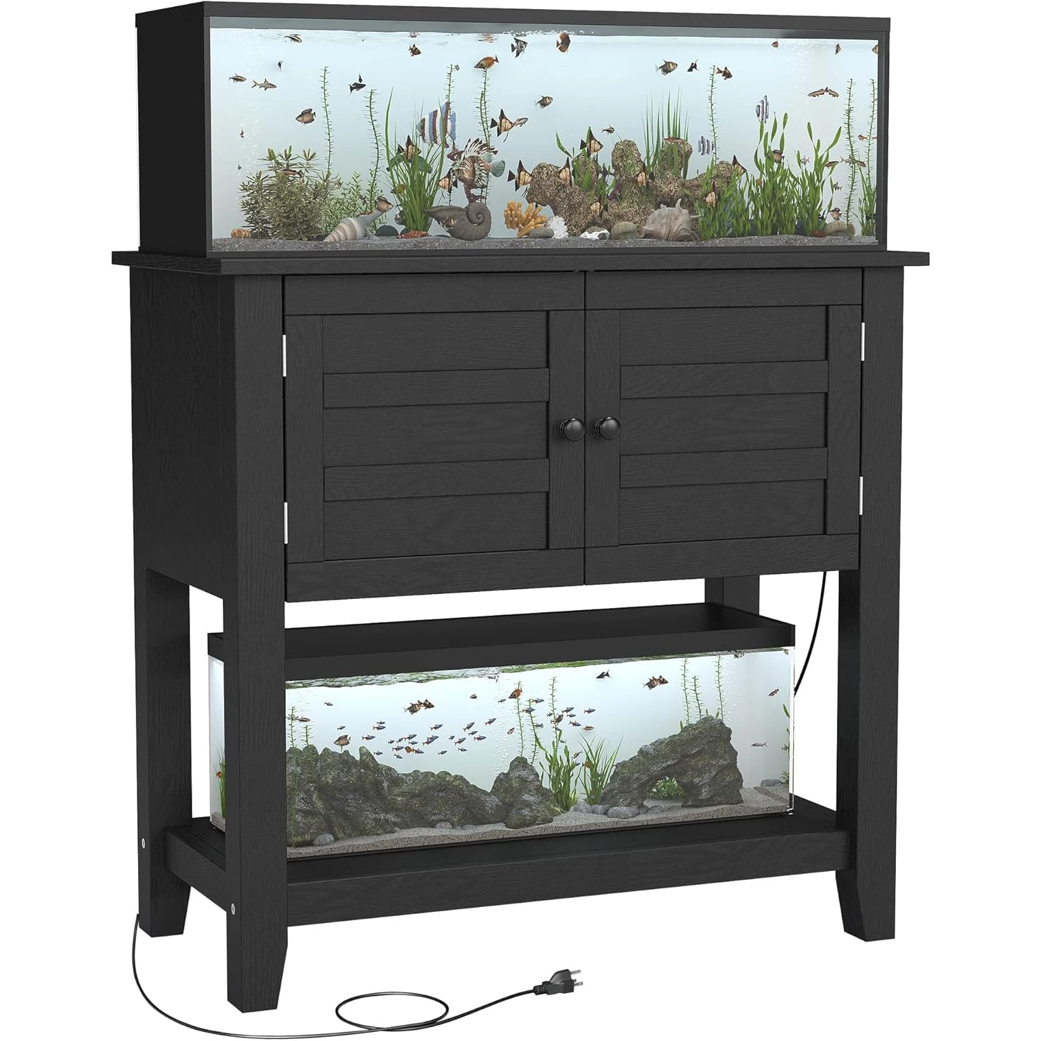 Heavy-Duty Aquarium Stand Cabinet with Built-in Charging Station, Double Magnetic Doors, 2-Tier Shelves, 660 Lb Steel Frame, 20-75 Gal Aquarium Stand with Anti-Tip Design
