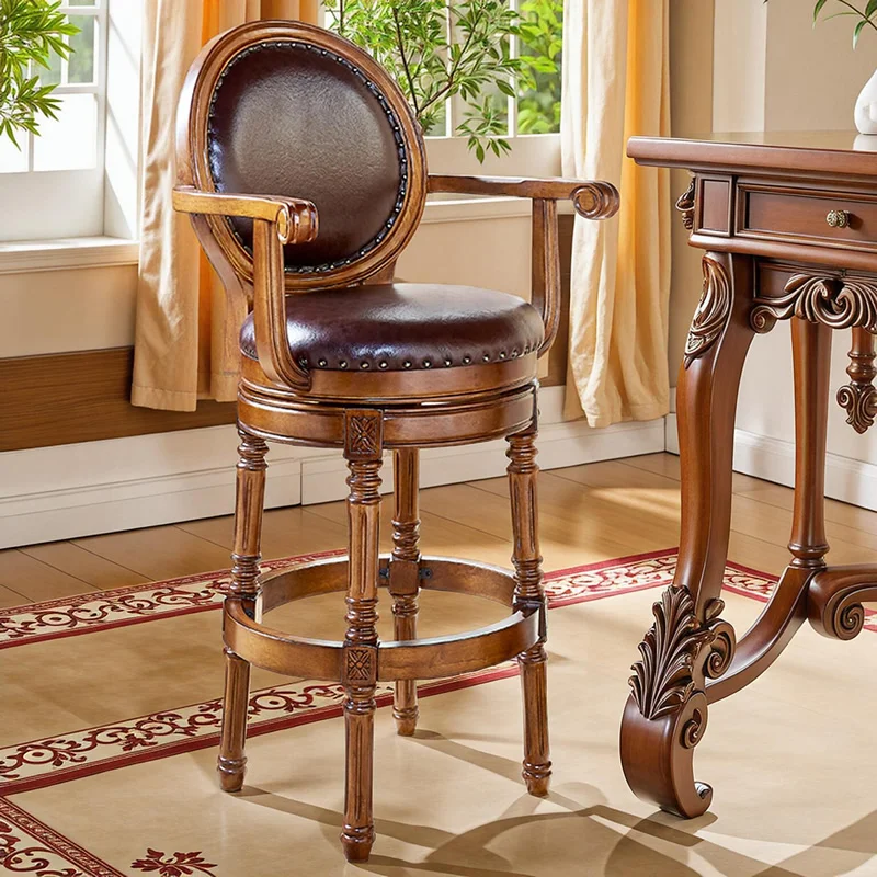American bar chair solid wood bar chair European retro high stool backrest leather rotating home