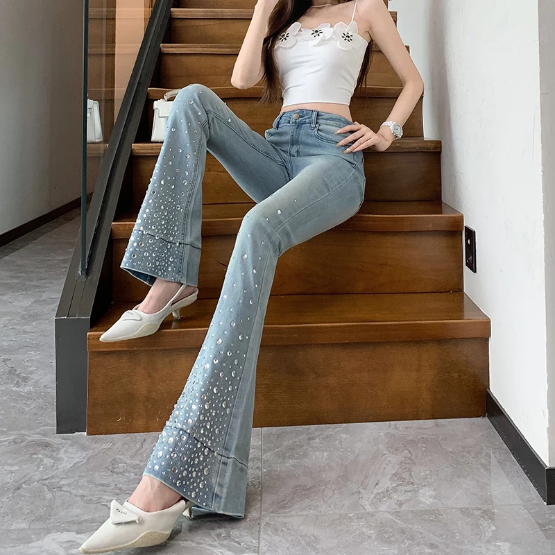 

Heavy Hot Drilling Skinny Jeans for Women 2024 Summer New High Waist Elastic Slim Fit Slimming Fashionable All-Matching Trousers
