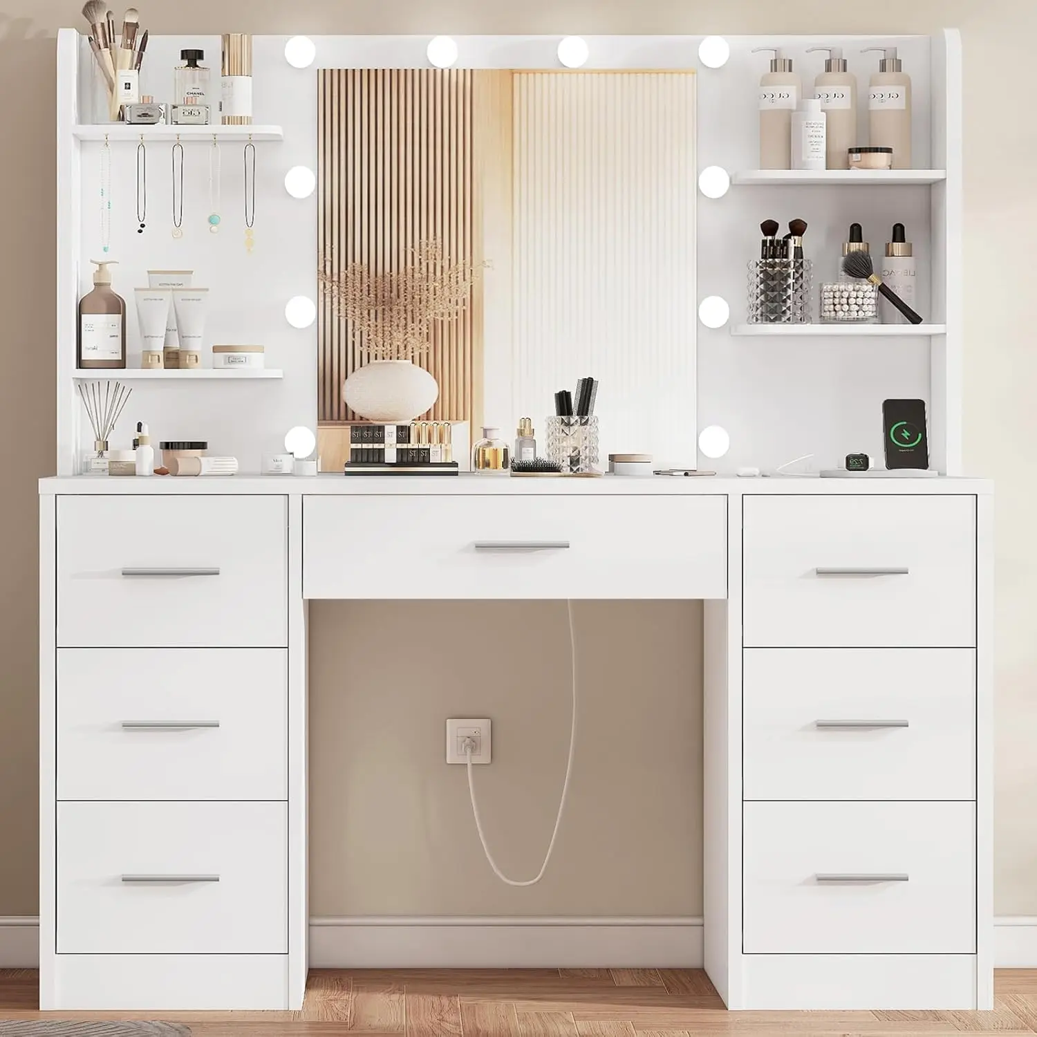 

Vanity Desk with LED Light Mirror & Power Outlet, 3 Adjustable Light Color, Makeup Vanity with 7 Drawers, 4 Shelves
