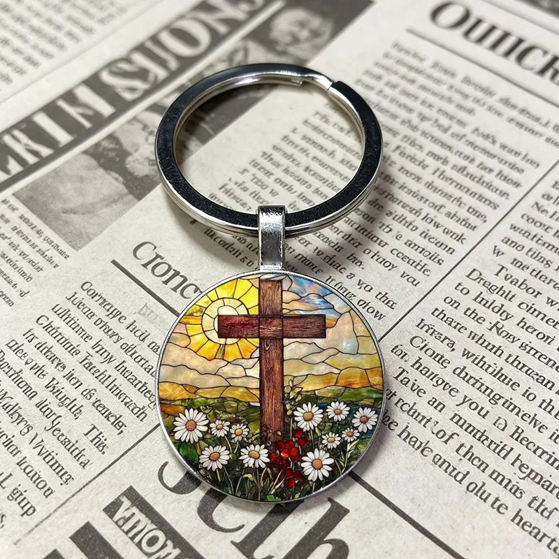 Popular And Exquisite Faith Jesus Christ Wooden Keychain Cross Sunflower Daisy Red Cardinal Mosaic Art Silver Keyring
