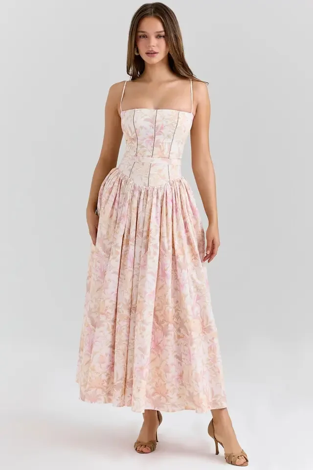 

Summer Elegant Dresses for Women Fashion High Waist Hollow Out Flare Birthday Party Dresses Women's Print Gown Female Clothing