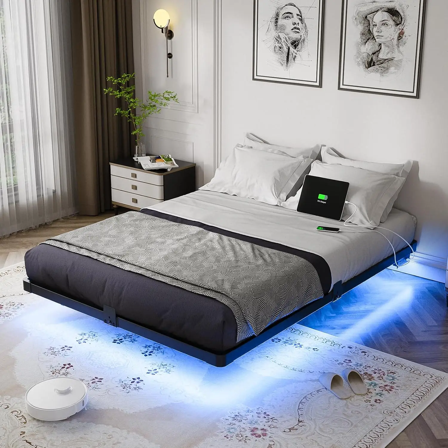 Full Size Metal Floating Bed Frame with LED Light & USB Charging Station, Customized