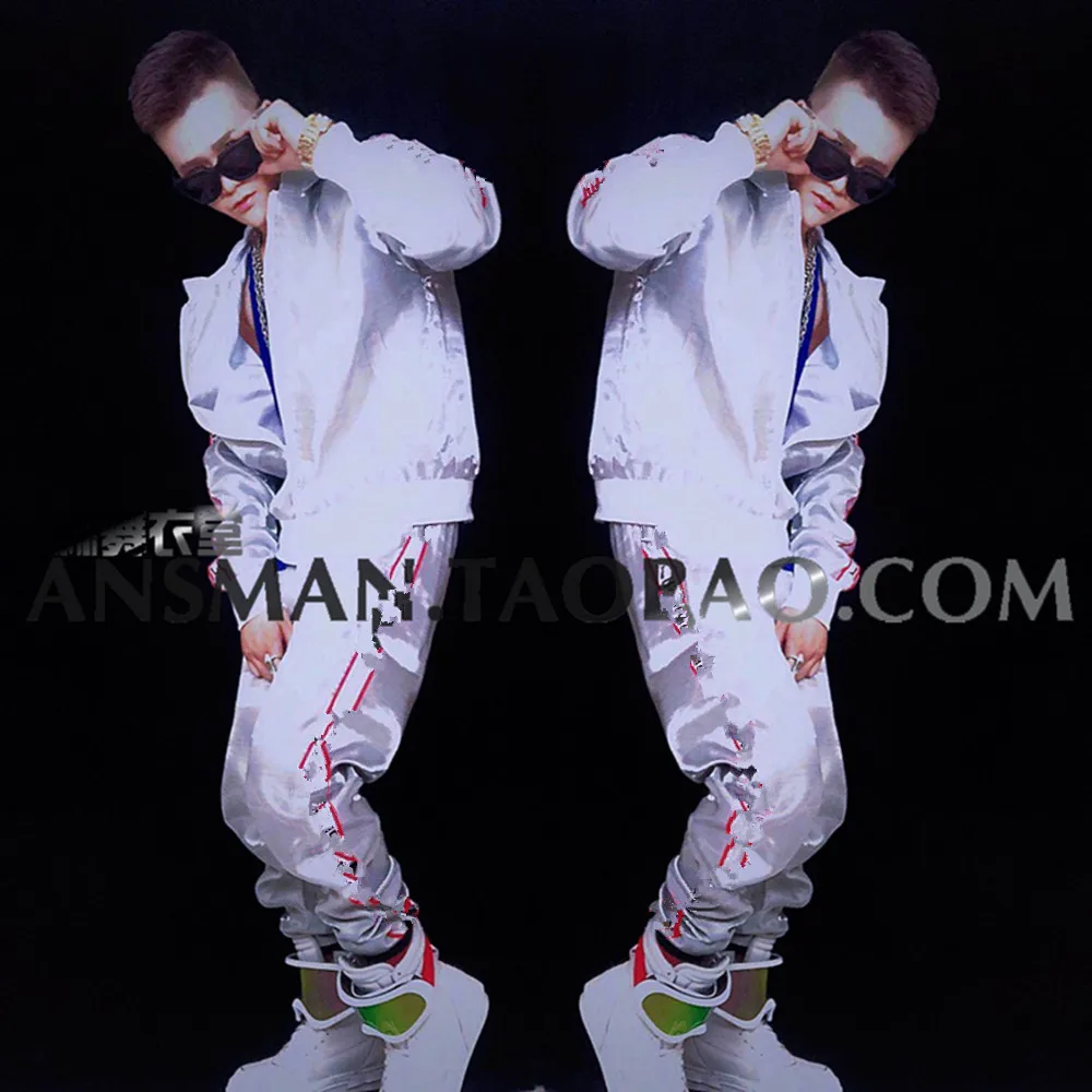 Nowy klub nocny Bar piosenkarz DJ Fantasy srebrno-biały Hip Hop modny komplet garniturów baseballowych dla mężczyzn odzież rekreacyjna