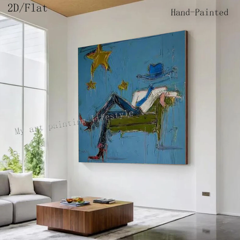 

100% Handmade Abstract Oil Painting on Canvas - Cowboy on Recliner Wall Art Ideal Image Mural for Living Room Home Decor Picture