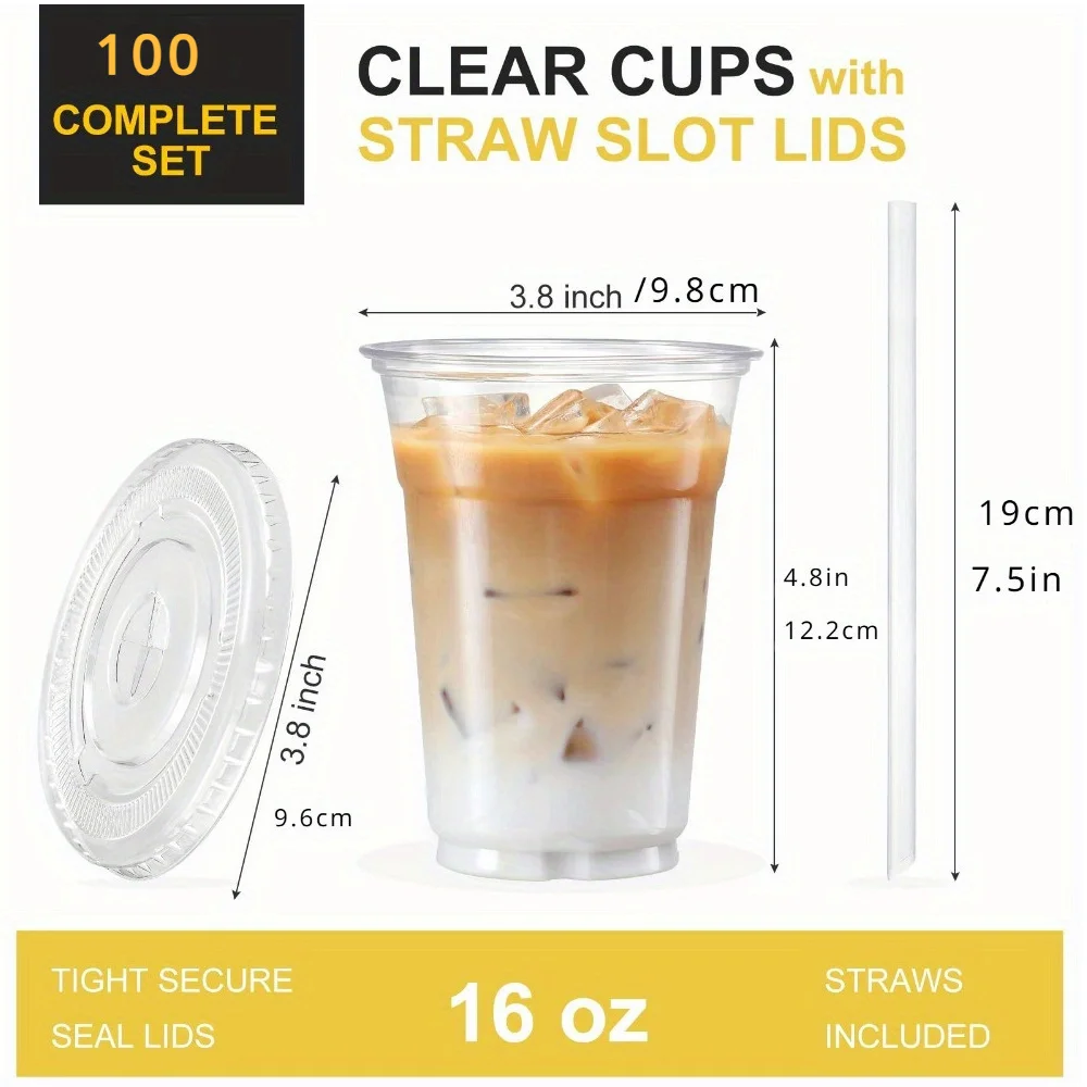 16 oz transparent plastic cup with lid and straw, disposable cup suitable for iced coffee, smoothies milk tea cold drinks