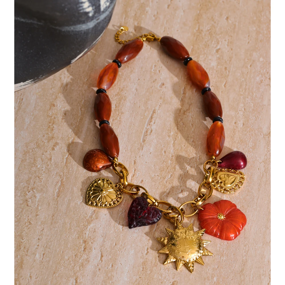Yhpup Trending Resin Chain Heart Flower Sun Pendant Charm Necklace for Women Creative Stainless Steel Collar Fashion Jewelry