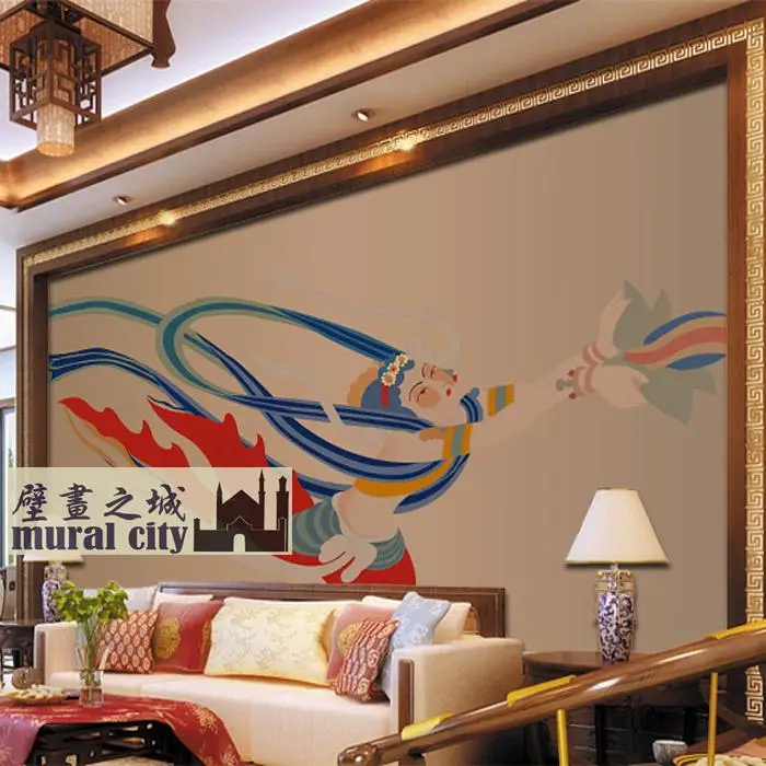 custom 3d Fairy ancient Buddhism painted wallpaper classical religion Dunhuang Flying apsaras frescoes Chinese classical porch