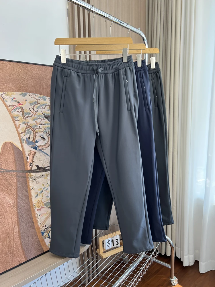 Men's Autumn Winter Thiened Fce Warm Windproof Casual Pants Elastic Waist Straight Leg Comfortable Drapey Sle