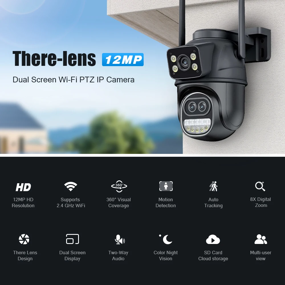 6MP WiFi Camera ICsee Outdoor 12MP 8X Zoom Three Lens Dual Screens CCTV Video Cam Auto Tracking Security Protection Surveillance