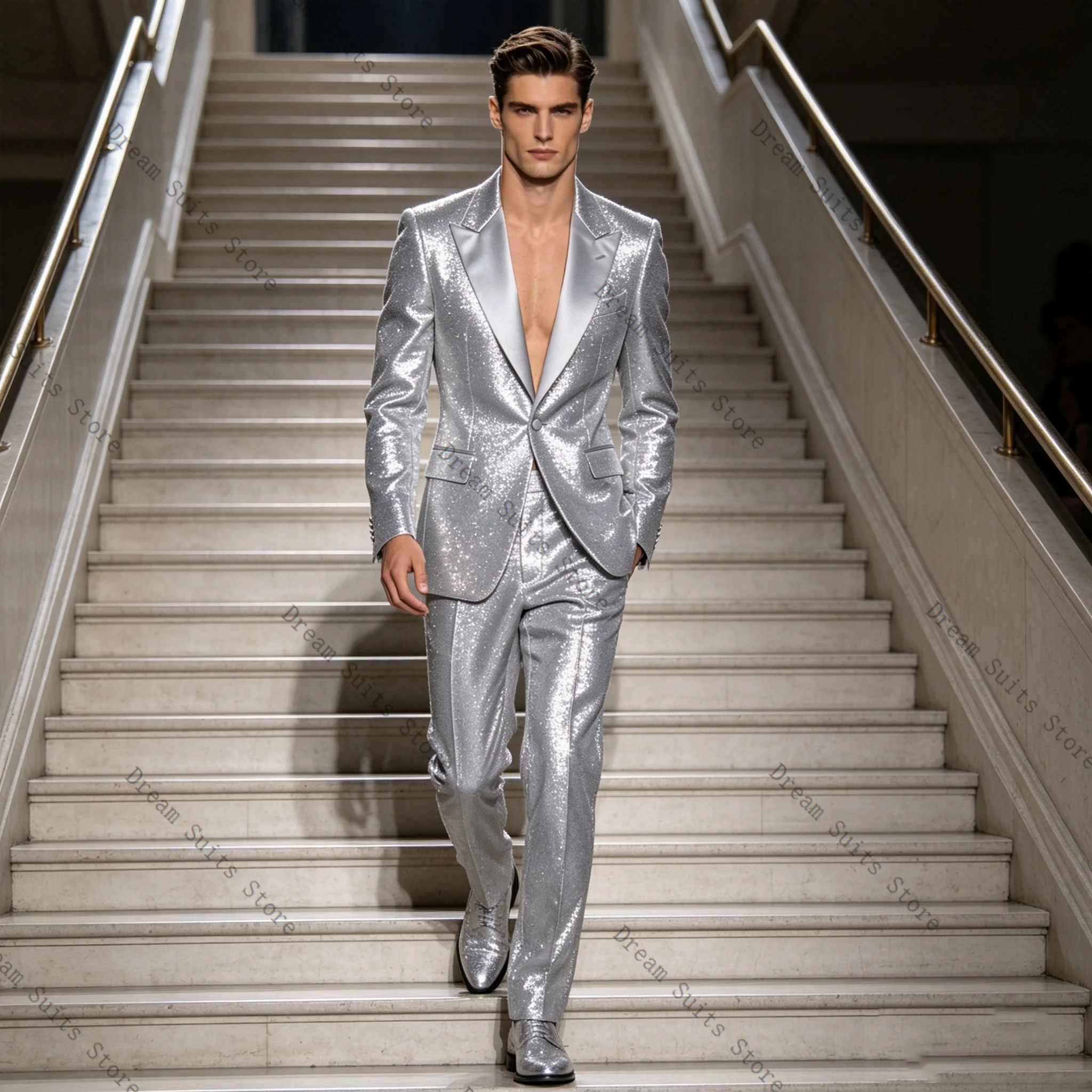 

Shiny Silver Men Suit Set 2 Pcs Blazer+Pants Trousers Customized Formal Office Jacket Wedding Tuxedos Prom Coat