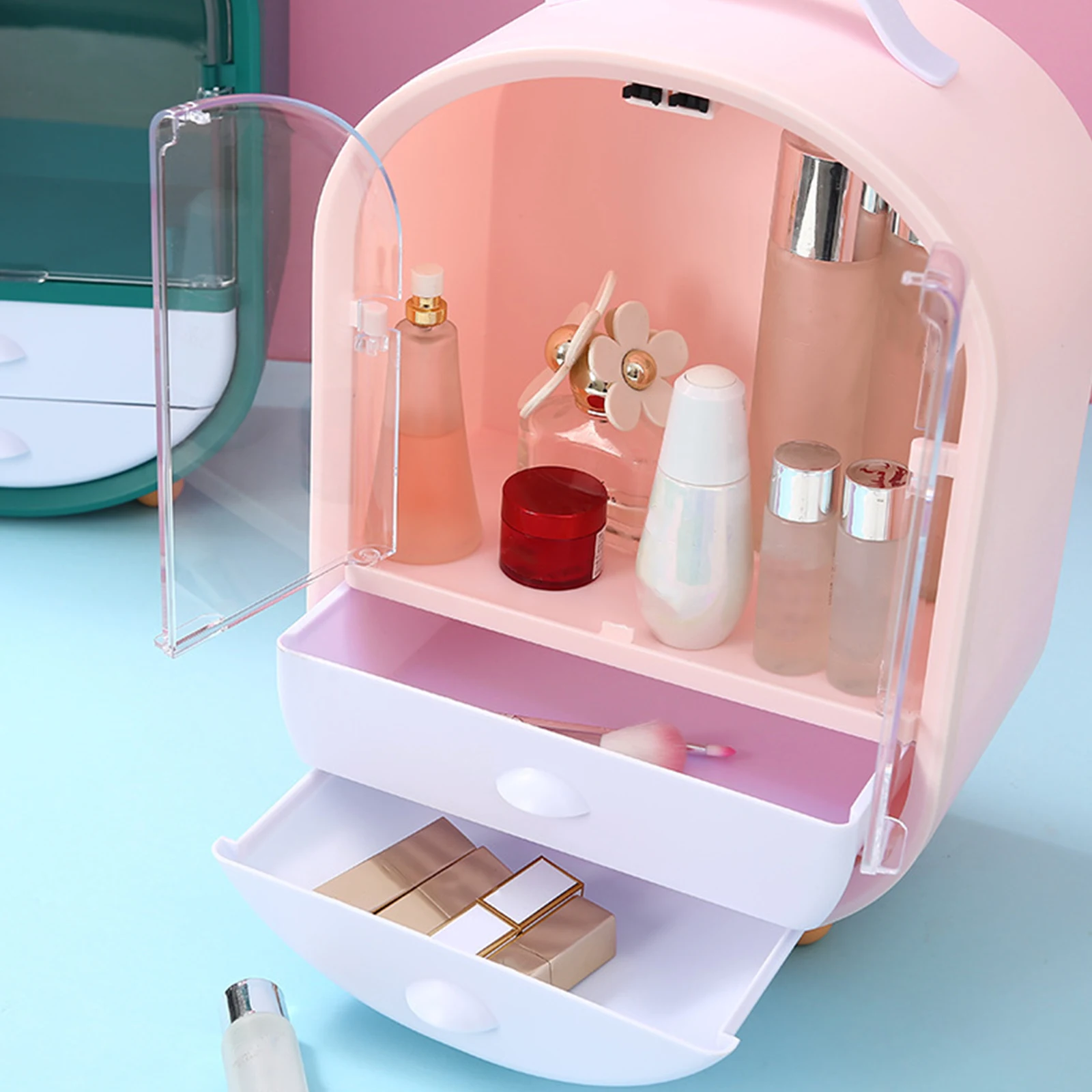 Pink Makeup Organizer with 2-Layer Storage, Portable Skincare Organizers, Water Proof Cosmetics Display Case Skin Care