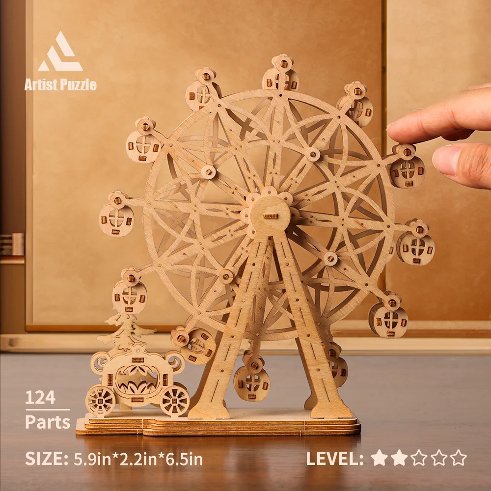 Drewniane puzzle 3D DIY Wykwintne obrotowe kółko mгляду Zabawki Zestaw klocków do budowy Rzemiosło Dekoracja biurka Prezenty urodzinowe dla