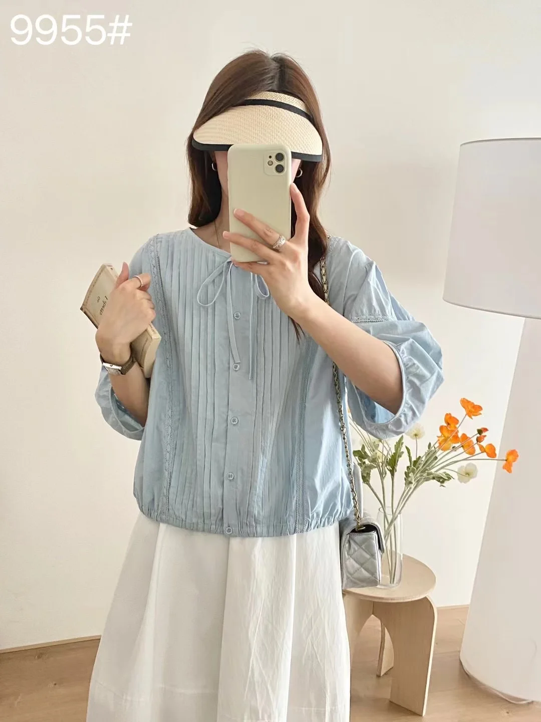 New Summer Cotton Half Sleeve Shirt O Neck Organ Pleats Tops Girl Loose French Commute Versatile Blouse 2024 Autumn T46348QC