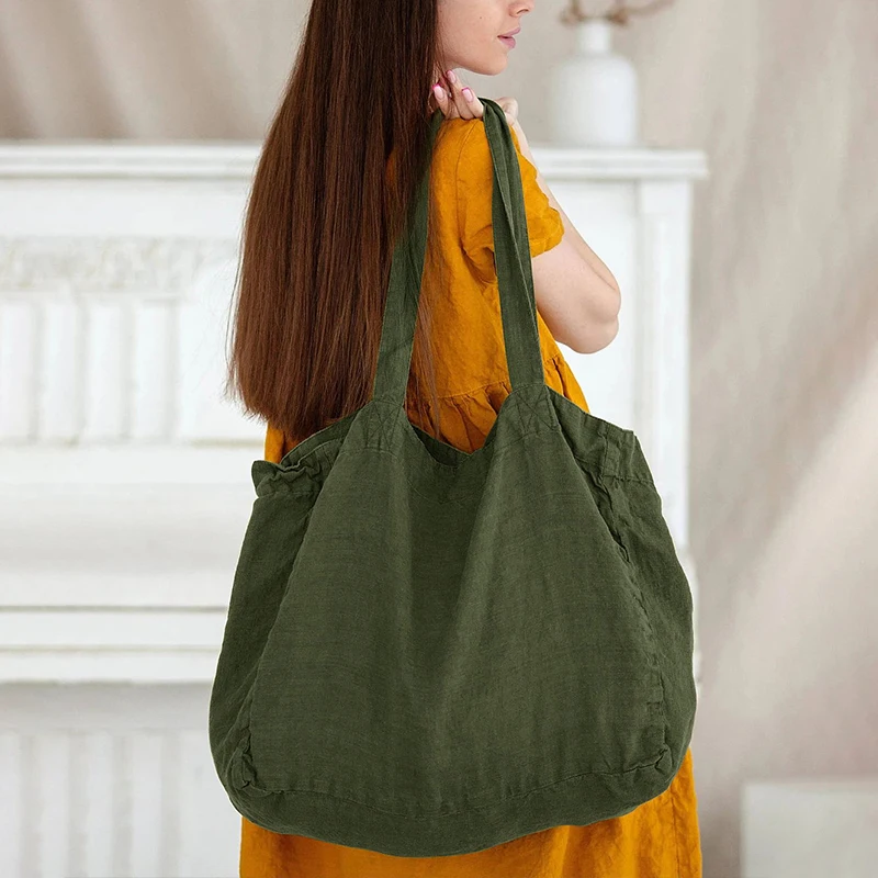 Vintage Women Linen Cotton Shoulder Bag Canvas Tote Handbags Large Capacity Underarm Bag Female Travel Shopping Bags