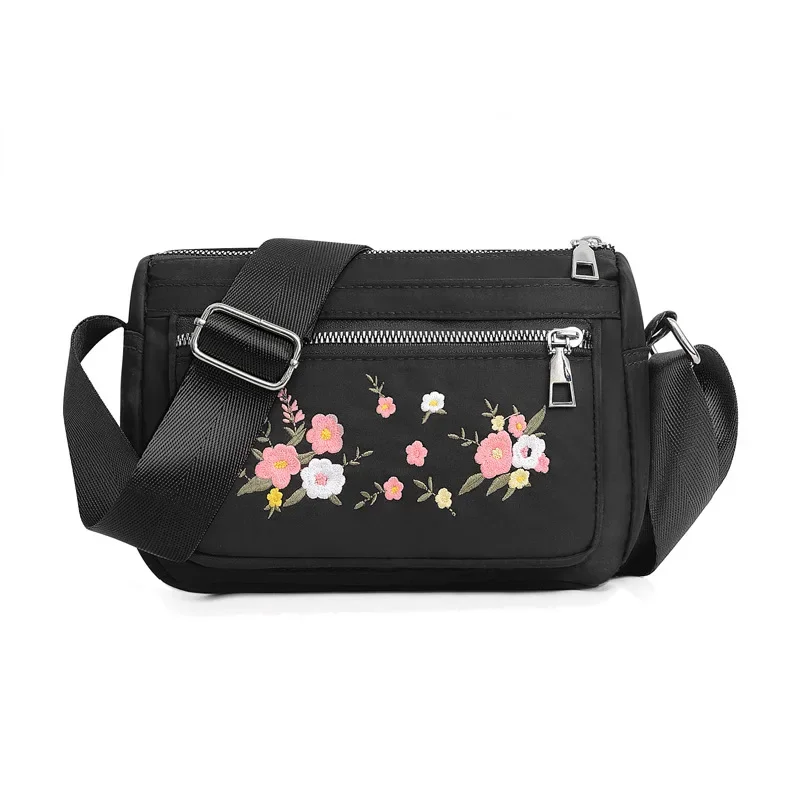 Bolso de hombro de nailon con flores bordadas para mujer, bolso Diagonal de un solo hombro, gran capacidad, ocio