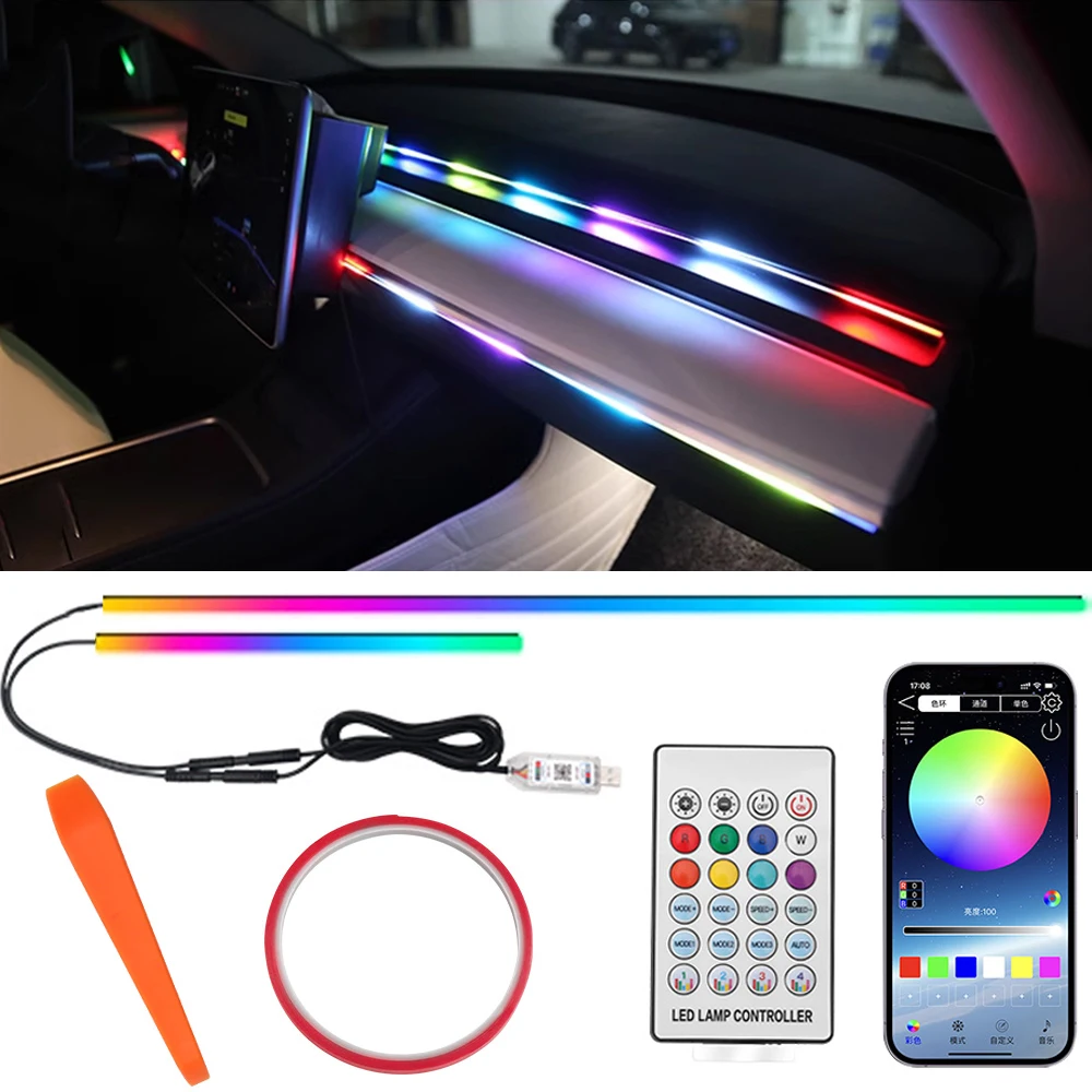 110cm 30cm Car LED Ambient Light Interior RGB Symphony Neon Strip Atmosphere Lamp USB APP Control Remote for Tesla Model 3 Y S X