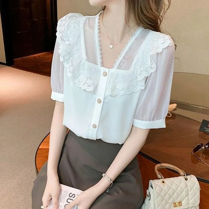 Summer New Lace Patchwork Fashion V-Neck Color Button Blouses for Female Puff Sleeve Elegant Mesh Ruffles Shirt Women\'s Clothing