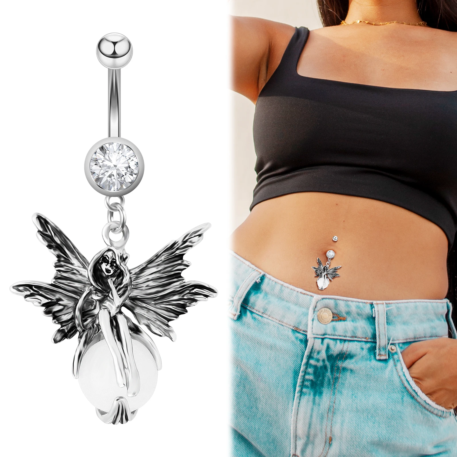 1pc Stainless Steel Belly Button Piercing Butterfly Fairy Pendant Belly Button Ring Sexy Women\'s Piercing Jewelry