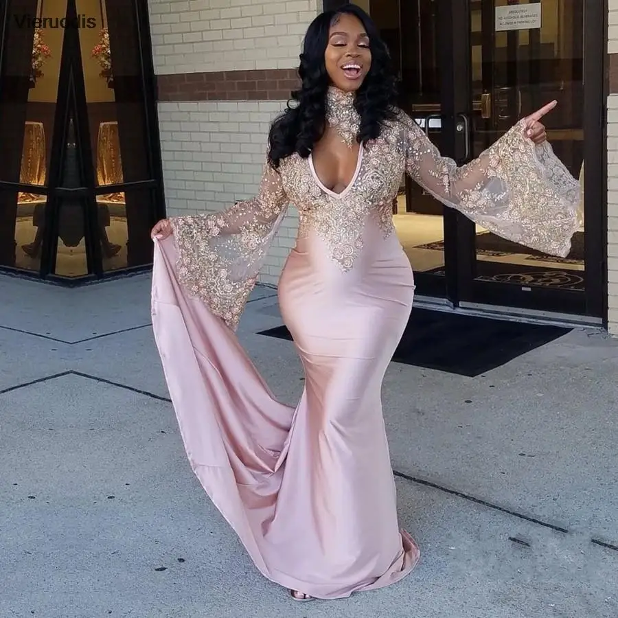 

High Neck Mermaid Evening Dresses 2022 African Flare Long Sleeve Lace Satin Sexy Party Prom Gown For Maternity Sweep Train