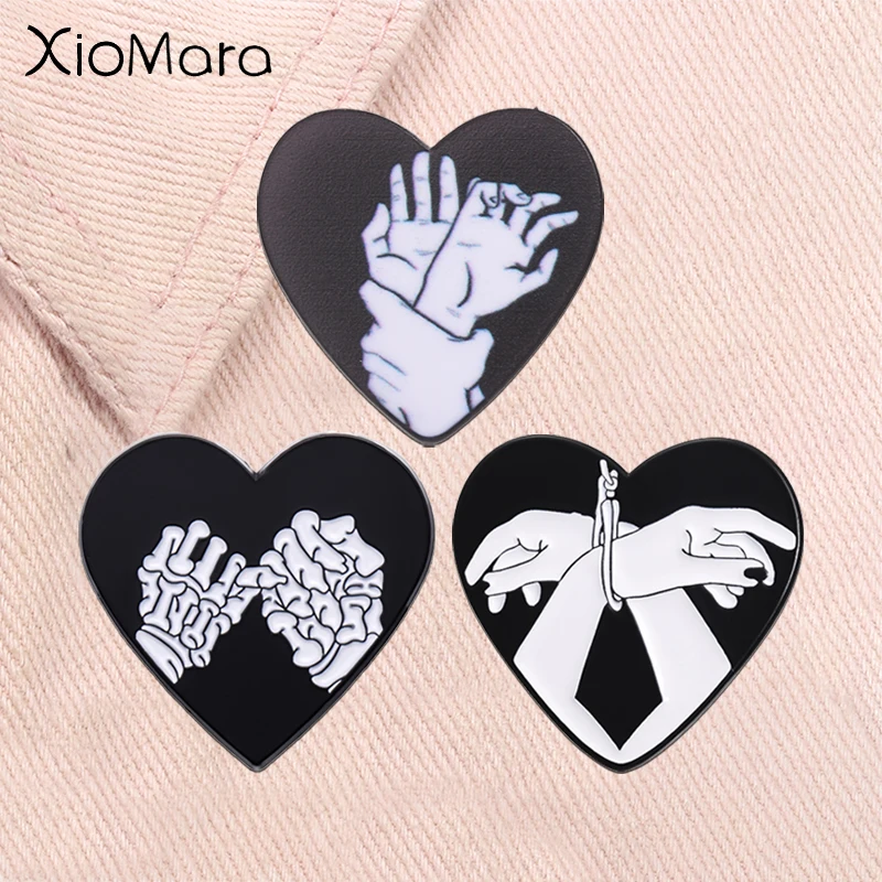 Overlapping Intertwined Hands Badge Surrealism Black Heart Skeleton Hand Gothic Enamel Pins Lapel Bags Brooch Jewelry Gifts