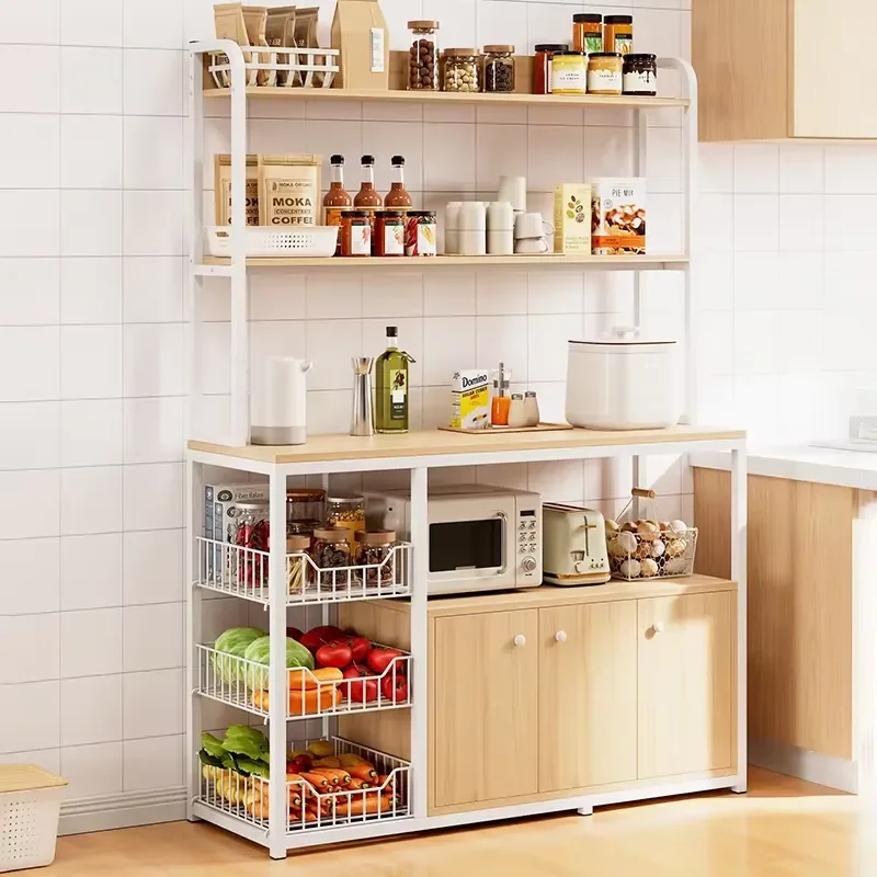 Xinyafitment Modern Kitchen Storage Cabinet-Floor-standing 3-Shelf Adjustable Wood Design 2 Drawers for Microwave Bowl Prep